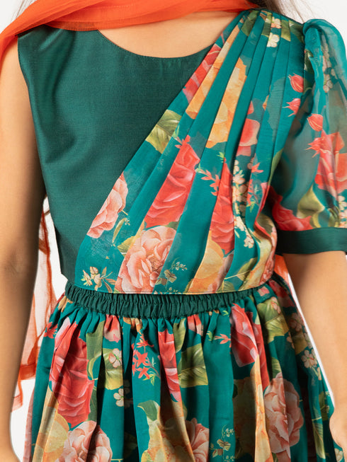 Girl's' Green Printed Organza Lehenga With Dupatta Set